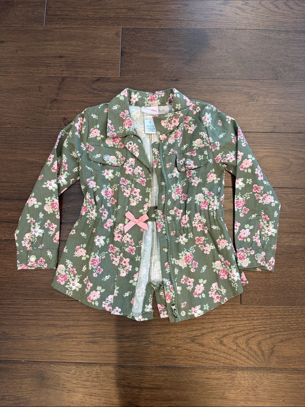 Little Lass Green & Pink Floral Jacket with Bow Size 5 - C34-095